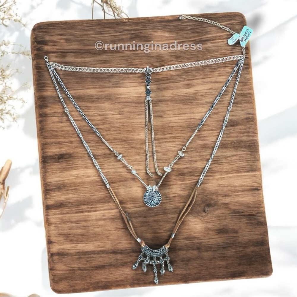 NWT Free People Can't Stand The Rain Layered Necklace Gold Silver & Brown Suede - Picture 12 of 13